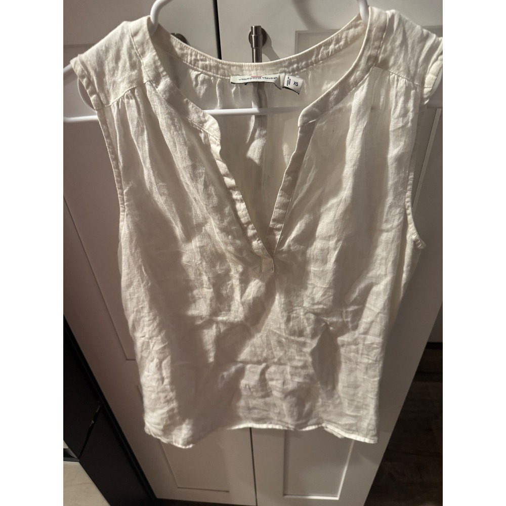 Vineyard Vines Womens White Linen Sleeveless Split V-Neck Shell‎ Top XS